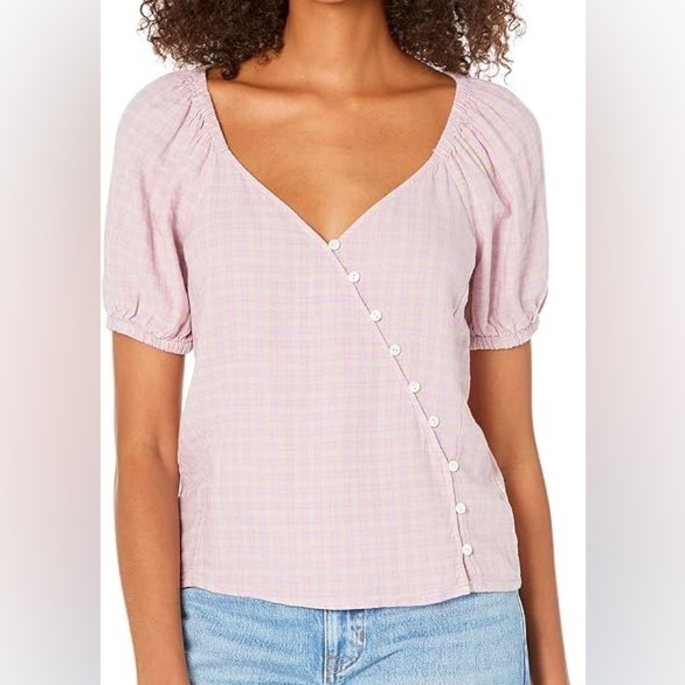 Madewell NEW Linen-Blend Puff Sleeve Plaid Button-Wrap Top Purple Size Small
